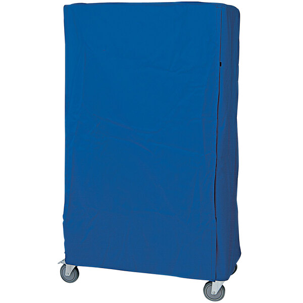 A blue nylon cover with zippered closure for a rectangular shelving cart.