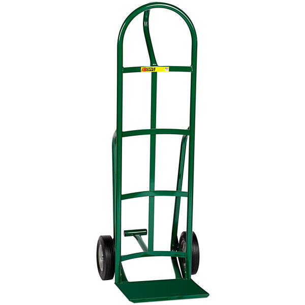 A green hand truck with black wheels and a loop handle.