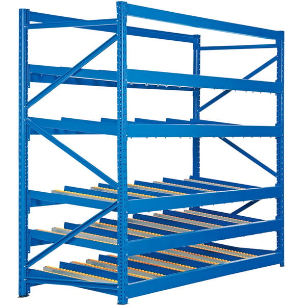 A blue steel Vestil carton rack with 5 levels.