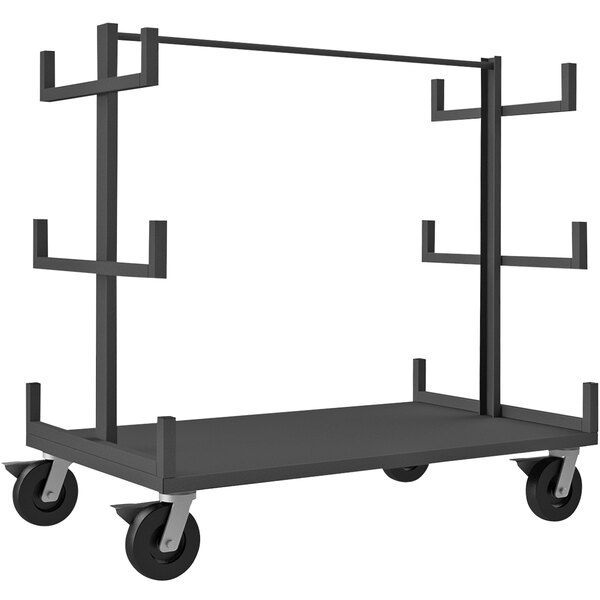 A black metal Durham pipe cart with black wheels.