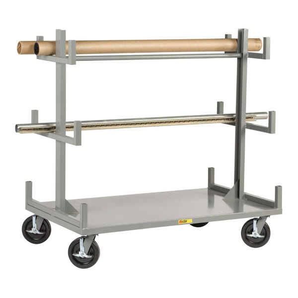 A gray three-level bar or pipe truck with 12 cradles and four caster wheels, designed for transporting long materials.