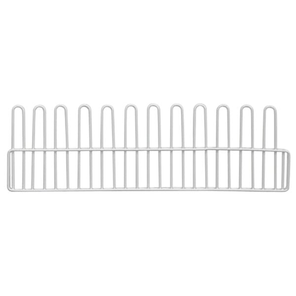 A white metal rack with five pegs.