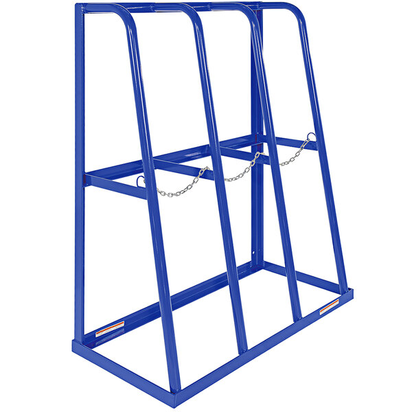 A blue metal Vestil storage rack with chains.