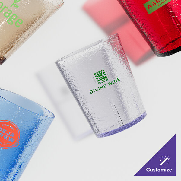 A group of colorful Cambro plastic tumblers. A close-up of a ruby red Cambro plastic tumbler.