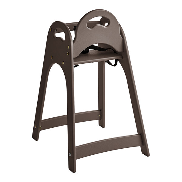 A brown assembled high chair designed for children.