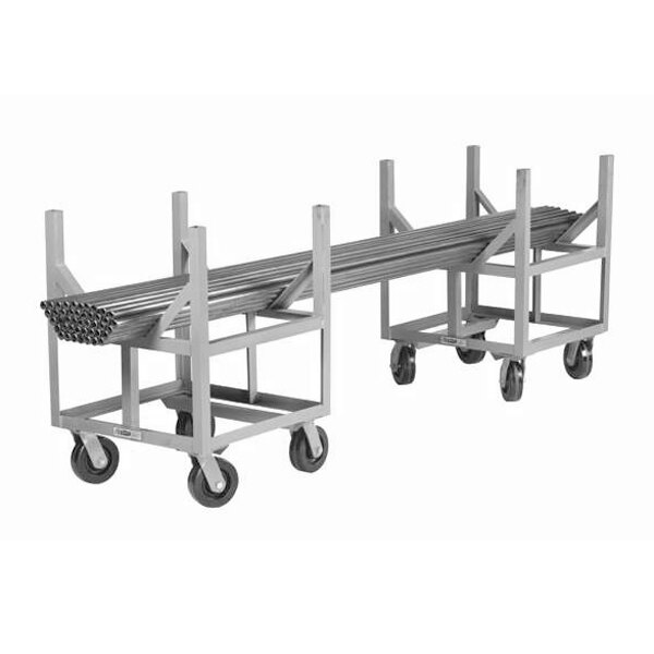 A metal ergonomic bar cradle truck with four wheels designed for transporting long bars or pipes.