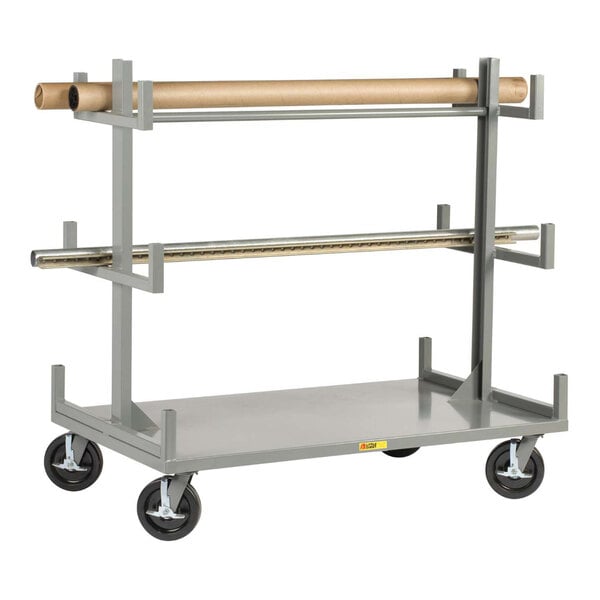 A gray three-level bar and pipe truck with 12 cradles and four caster wheels, designed for transporting pipes or bars.