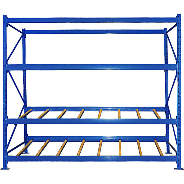 A blue steel Vestil carton rack with three levels and gravity rollers.