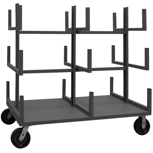 A grey Durham metal pipe moving truck with four shelves on wheels.