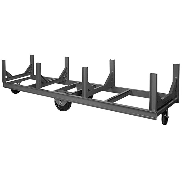 A black metal Durham bar cradle truck with four wheels.