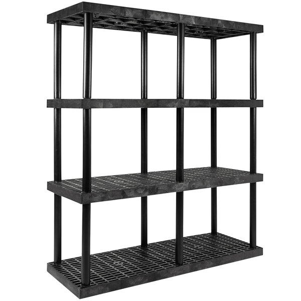 A black plastic SPC Industrial boltless shelving system with four black grid shelves.