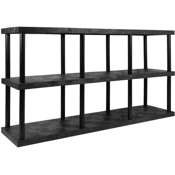 A black SPC Industrial DuraShelf 3-shelf system with black plastic shelves and black metal rods.