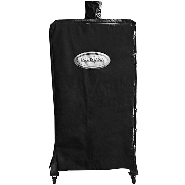 A black Louisiana Grills cover for a vertical pellet smoker.