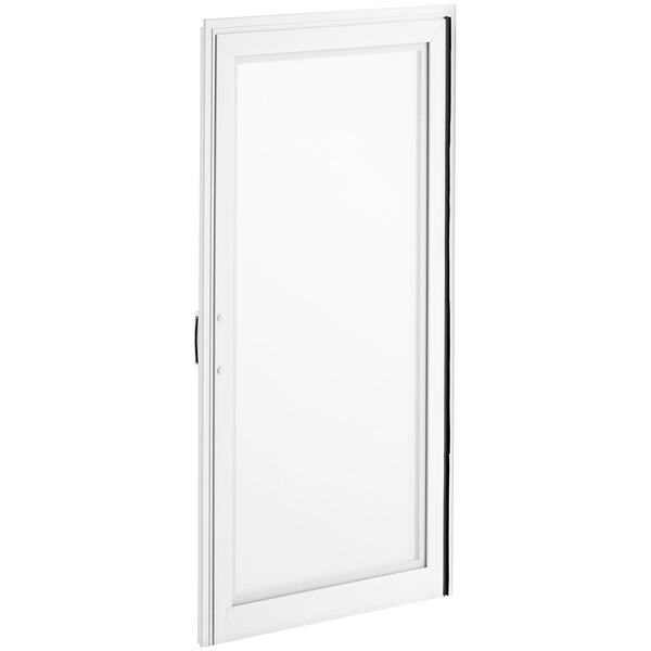 A white rectangular glass door with a black frame and handle.