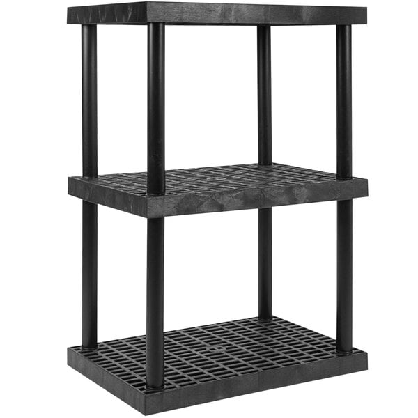 A black metal SPC Industrial DuraShelf with black plastic shelves.