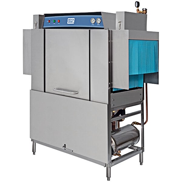 A Moyer Diebel conveyor dishwasher with a blue curtain.