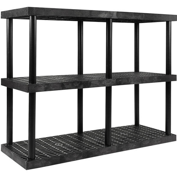 A black plastic SPC Industrial DuraShelf with metal grates on three shelves.