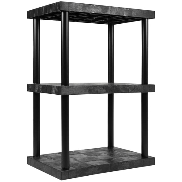 A black SPC Industrial DuraShelf with black poles and three shelves.