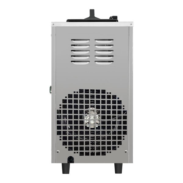 A stainless steel single bowl slushy and granita frozen drink machine with a vented back panel and fan.