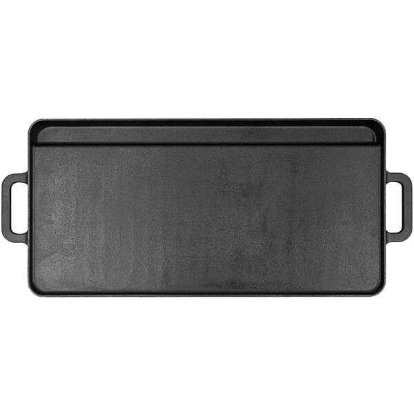 A black rectangular Louisiana Grills cast iron griddle with handles.