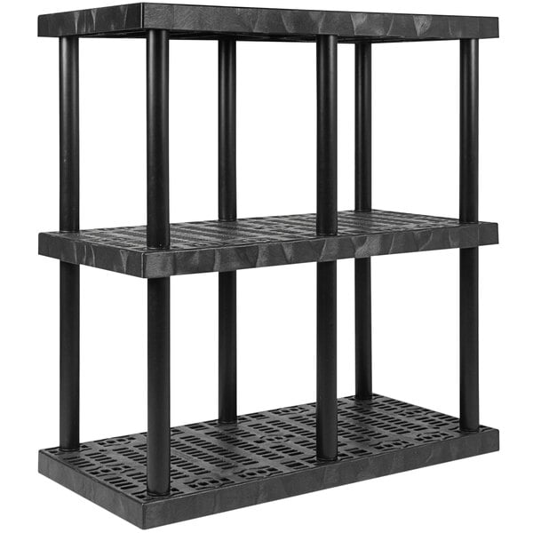 A black plastic SPC Industrial DuraShelf 3-shelf system with black bars.