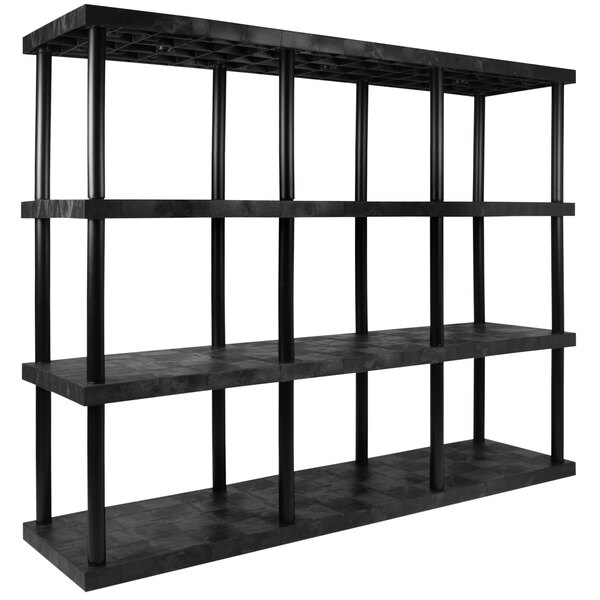 A black SPC Industrial DuraShelf boltless shelving system with four black plastic shelves.