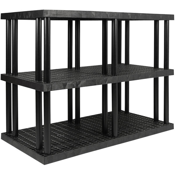 A black plastic SPC Industrial DuraShelf 3-shelf system with black metal rods.