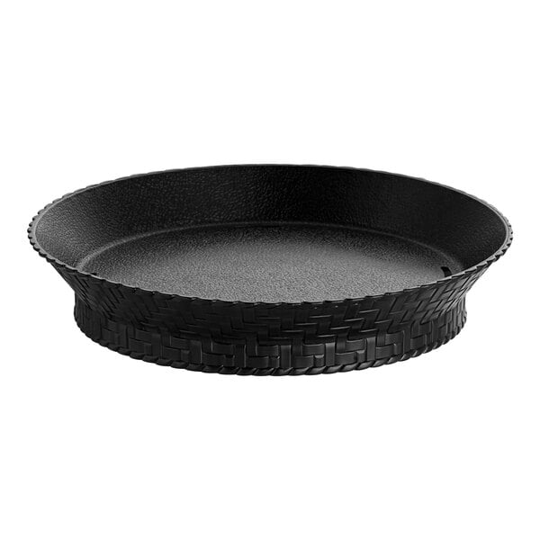 A black round plastic fast food basket with a woven edge.