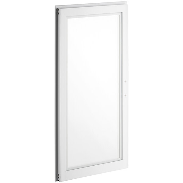 A white rectangular door with a glass panel and a white frame.