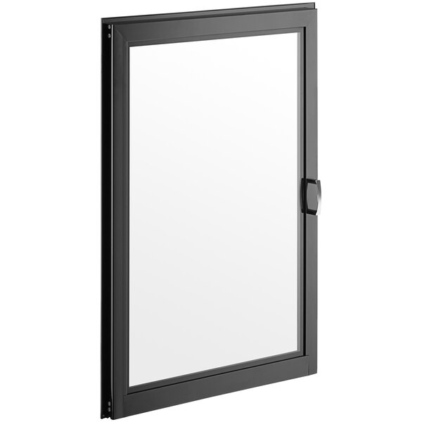 A black rectangular window with a white glass door.