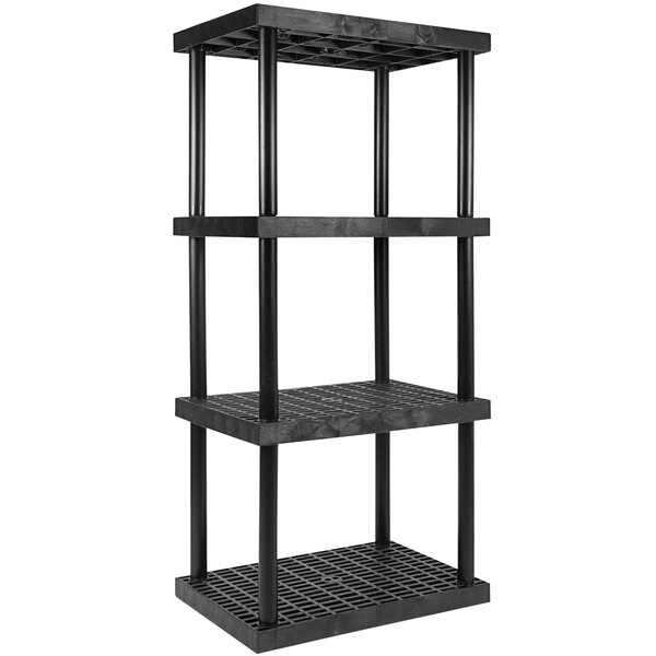 A black plastic SPC Industrial DuraShelf boltless 4-shelf system on metal legs.