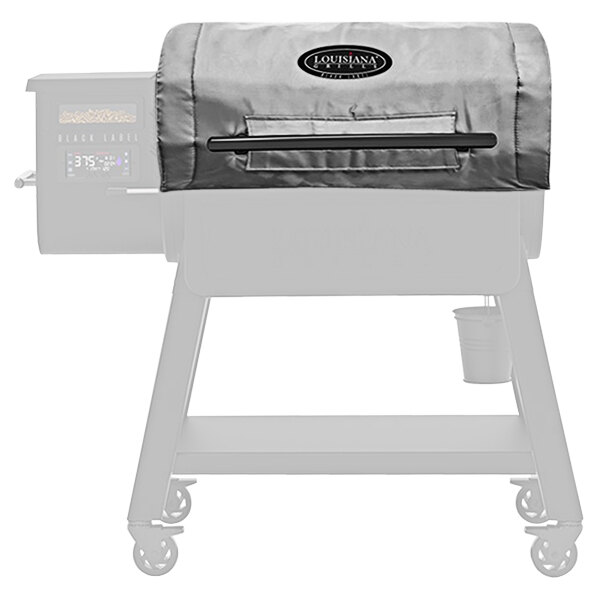 A Louisiana Grills insulated grey cover on a Black Label 1000 Pellet Grill.