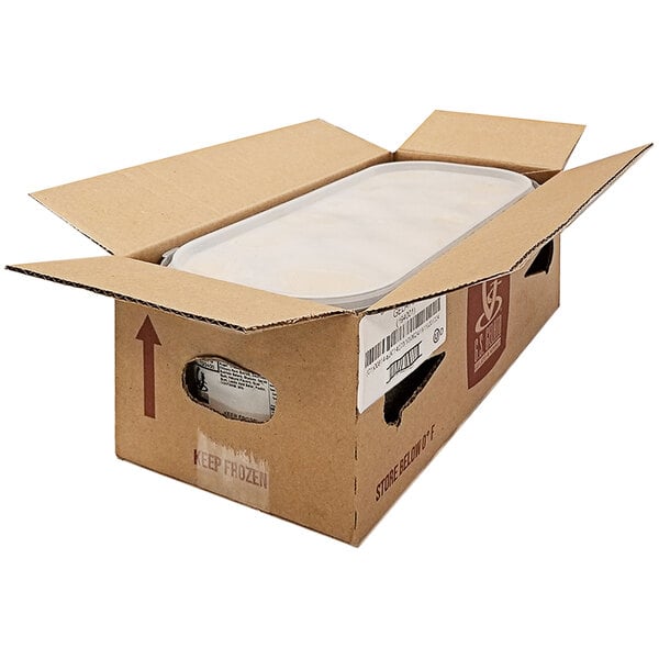 A white plastic container of G.S. Gelato Nutella Gelato on a cardboard box with a lid.