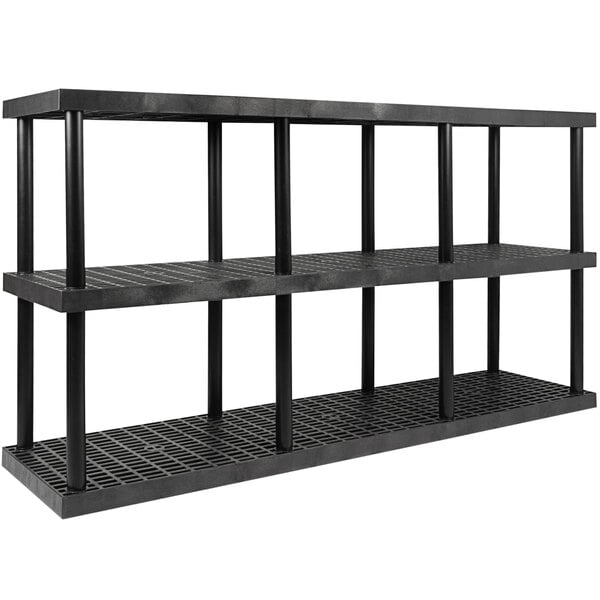 A black SPC Industrial DuraShelf boltless grid top shelf with metal legs and three shelves.