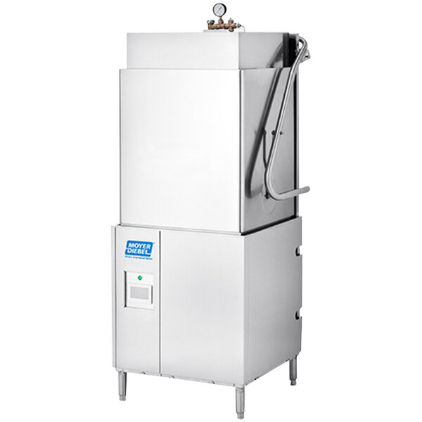 A large stainless steel Moyer Diebel hood-type dishwasher with the door open.