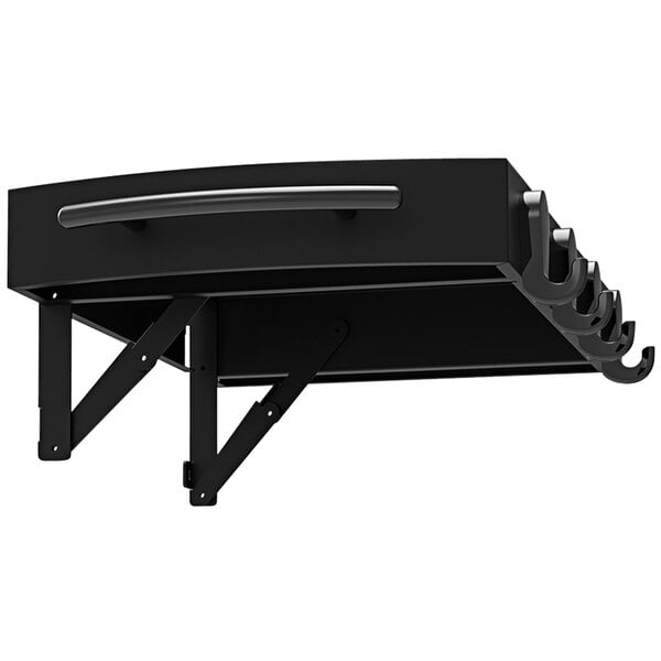 A black metal Louisiana Grills side shelf with two shelves and hooks.