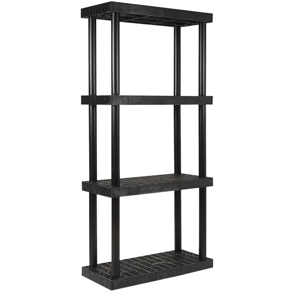 A black SPC Industrial DuraShelf with black metal rods.