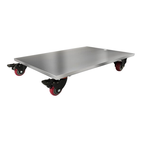 A stainless steel dolly with four red caster wheels designed for moving countertop machines.