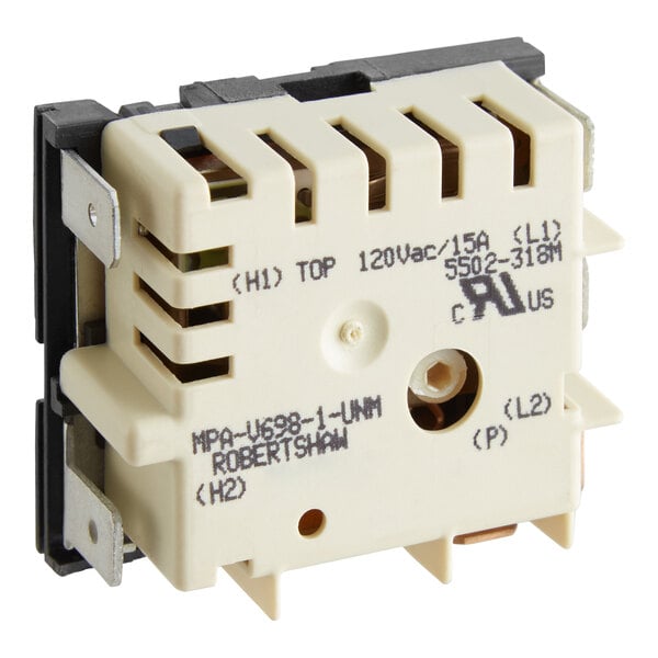 A white Robertshaw 5500 M Series Infinite Switch with black and white electrical connections.