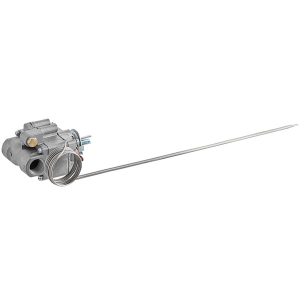 A grey metal Robertshaw Industries gas thermostat with a wire.