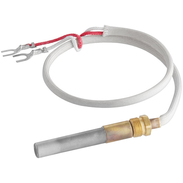 A Robertshaw Industries 18" thermopile with white and red wires and a metal tube.