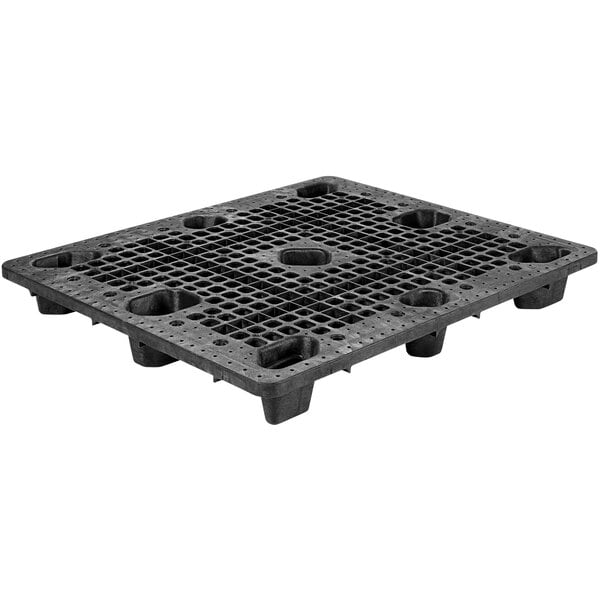 A Lavex black plastic pallet with holes.