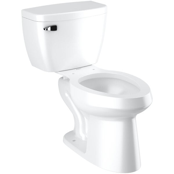 A white Sloan floor-mounted toilet with a silver handle.