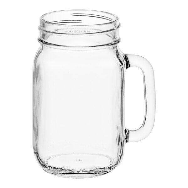 A clear glass Libbey mason jar with a handle.
