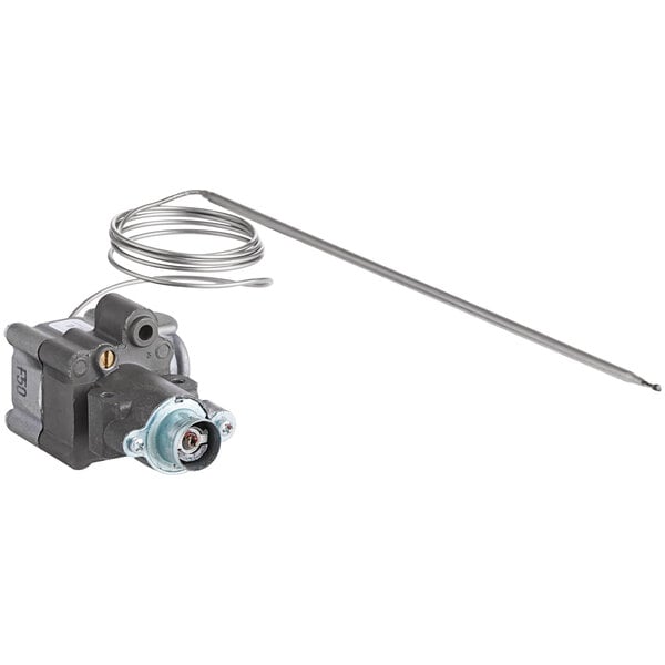 A close-up of a Robertshaw Industries gas thermostat valve with a wire attached.