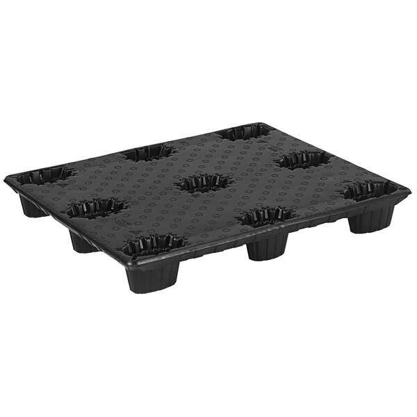 A black plastic Orbis medium-duty pallet with six holes.