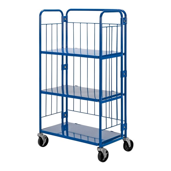 A blue steel Vestil roller container cart with three shelves.