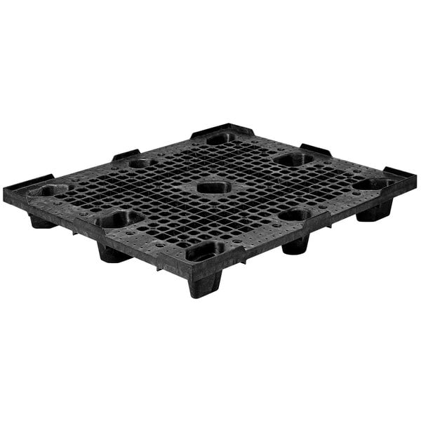 A black plastic Lavex pallet with holes.
