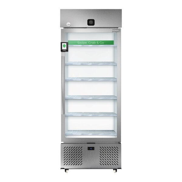 A FoodSpot smart fridge with green glass doors.