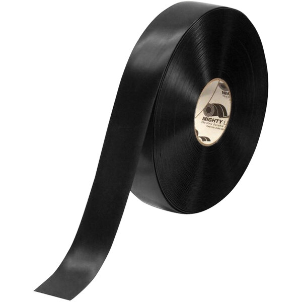 A roll of Mighty Line black safety tape with a logo.